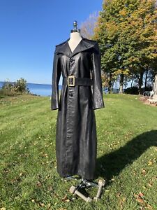 Vtg 1970s Womens Black Leather Full Length Trench Coat Small Medium Witchcore