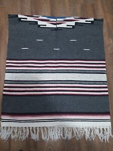 Mexican Poncho Blanket Black Red Gray Blue One Size Serape Vintage Nice
