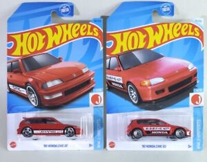 2 Car Lot Hot Wheels ‘92 Honda Civic EG & '90 EF Red J-Imports 2023 2024