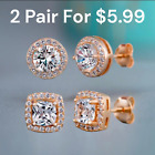2 Pair Rose Gold Plated Stud Earrings With Cubic Zirconia For Men, Women Hip Hop