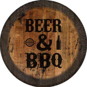 Beer & BBQ BBQ Sign Large Oak Whiskey Barrel Wood Wall Decor