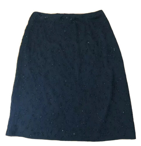 Kate Hill Women’s Black Beaded 100 % Silk Semi Sheer Lined Skirt  Size 8 Petite