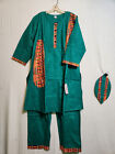 Men African Long Dashiki Pant Suit With Kente Print Patches H Green Free Size