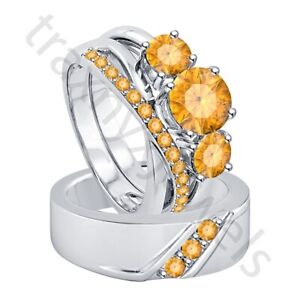 2.80 Ctw Lab Created Citrine 14K White Gold Over His & Her Trio Ring Set