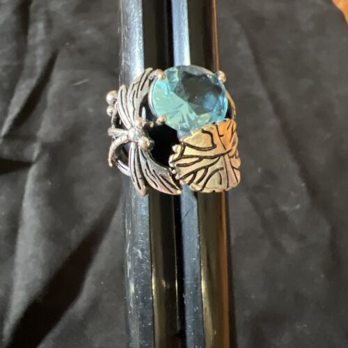 Sterling Silver Blue Topaz CZ Dragonfly and Leaf Ring Size 9.25