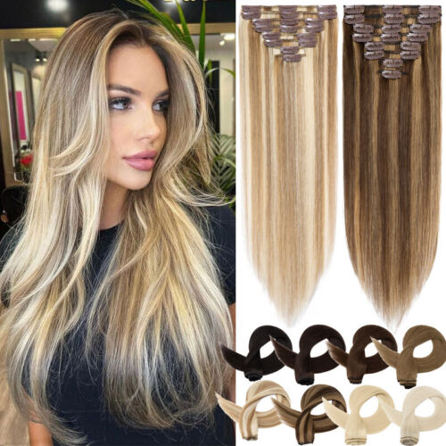 Clip in Hair Extensions Real Human Hair Weft Full Head 8 Pieces 12 14 16 18 Inch