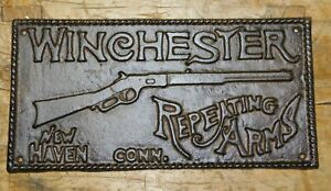 HUGE Cast Iron WINCHESTER Repeating Arms Plaque Sign Rustic Ranch Wall Decor