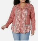 Style & Co Mixed Print Coral Floral Button Front Long Sleeve Blouse 0X New T3