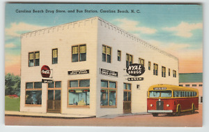 Postcard Linen Drug Store and Bus Station Carolina Beach, North Carolina