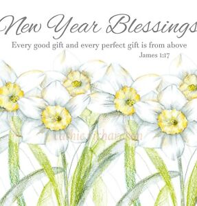 Happy New Year Blessings Christian Religious Daffodil Flowers Greeting Card