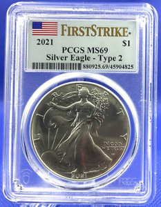 2021 $1 American Silver Eagle Dollar Type 2 PCGS MS69 First Strike US FLAG Label