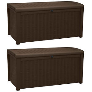 Keter Borneo 110 Gallon Rattan Resin Patio Storage Deck Box and Bench (2 Pack)