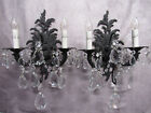 Vintage Pair Spanish Brass Wall Sconces Matte Black Crystal Prisms 16.5