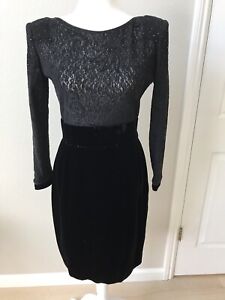VTG MARY McFADDEN Women Dress Sz 4-6 Black Rhinestones Lace Velvet Couture 70s