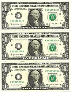 United States USA 3x 1 dollar 2021 P-551 Letter H UNC consecutive