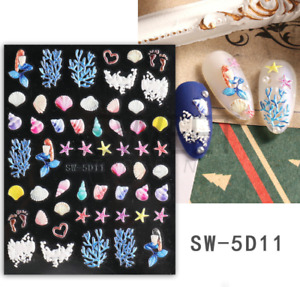Ocean Blue Pink Shell Star Footprint 5D Nail Stickers Embossed Nail Art Decals