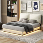 Queen Size Bed Frame Upholstered Platform Bed Frame with LED Lights White/Black
