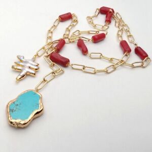 Red Coral Long Chain Necklace White Keshi Pearl Turquoise 47''