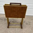 Vintage Set of 4 Folding Parquet Wood Metal TV Trays with Stand Retro - NICE SET