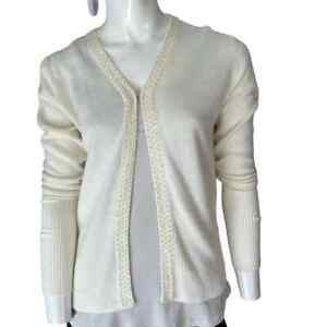 BOGARI Open Front Cardigan Sweater Beaded Trim Cream Ivory Size Small