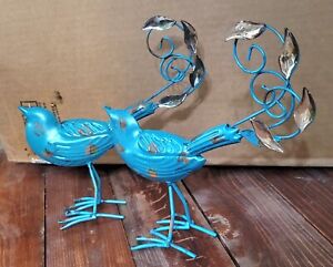 **Set of 2** Distressed Blue Metal Bird Jewel Tail Feathers UNIQUE Home Decor