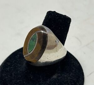 925 Sterling Silver Signed LAR Old Pawn Tigers Eye Turq Jade Ring Sz7.5 16G