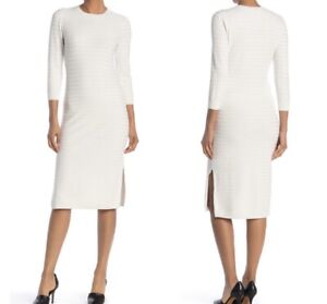 New THEORY Delissa Sweater Dress White Ivory Midi Textured Stripe Knit Sz P NWOT