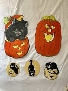 Lot Of 5 Vintage Halloween Die Cut Black Cat Pumpkin Flocked