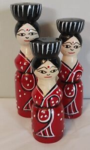 Asian/Indian Handmade Wooden Girl Doll -- Set of 3 (Red)