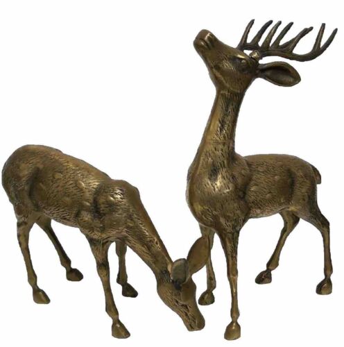 Large Brass Buck and Doe Deer pair Vintage Figurines/Sculptures set of 2 Decor