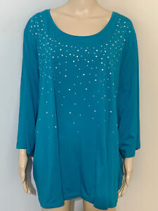 CATHERINES 4X 30/32 Teal KNIT TOP T SHIRT Stud Embellished 3/4 Sleeve Scoop