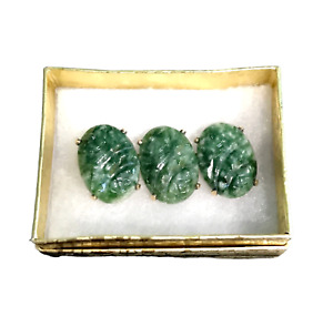 Carved Green Jade GF 1/20 12K Brooch 3 Ovals Prong Set Vtg 60s Mothers Day Gift