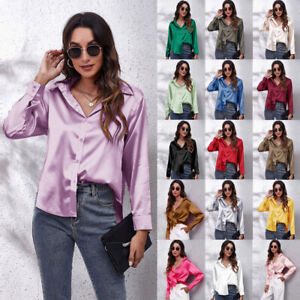 Womens Long Sleeve Satin Silk Shirt Office Ladies OL Button-down Blouse Tops‹
