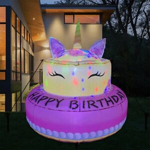 5ft Tall Jumbo Inflatable Unicorn Happy Birthday Cake Party LED Yard OutdoorDeco