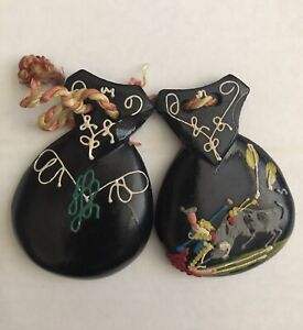 Vintage Wooden Castanet Hand Painted Carved Flamenco Bullfight BLACK