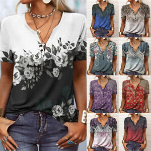 Women V Neck Casual Printed T shirts Ladies Short Sleeve Loose Blouse Top Summer