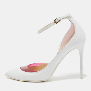Jimmy Choo White/Pink Leather and PVC D'orsay Pointed Toe Ankle Strap Pumps