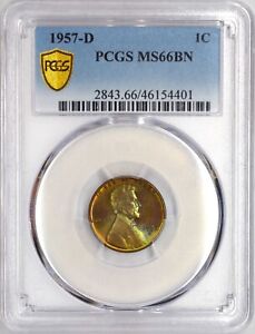 Toned 1957 D Lincoln Wheat Cent PCGS MS66BN With Trueview
