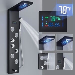 LED Black Shower Panel Tower Fixture Faucet Massage Stainless Steel System Jets