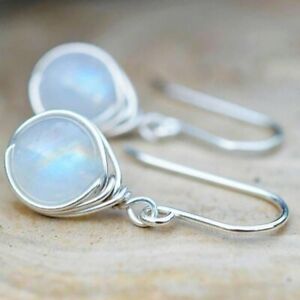 925 Silver Moonstone Natural Stone Earrings Boho Dangle Hook Drop Charm Women