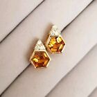 Vintage 14k Yellow Gold Art Deco Hexagon Amber Citrine Earrings Trinity Diamonds