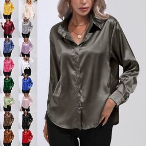 Womens Satin Silk Solid Shirt Ladies Casual Baggy Button-up OL Work Blouse Tops