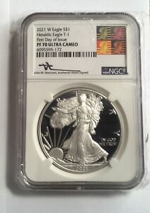 2021 W PROOF SILVER EAGLE NGC PF70 ULTRA CAMEO FIRST DAY ISSUE JOHN MERCANTI T-1