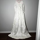 Vintage 1960s Mod MCM Satin Wedding Dress Lace Applique Bridal Gown Train Bow XS