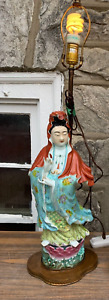 Antique Chinese Hand Painted Porcelain Table Lamp (Kwan) Quan Yin Figurine 20