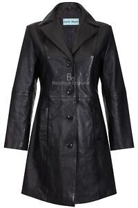 Ladies Leather Coat Black Soft Real Leather Classic Slim Fit Trench Coat 3457