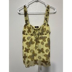 Jordache Baby Doll Tank Top Yellow with Butterfly pattern Tie Back Juniors L