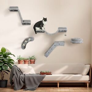 5PCs Cat Wall Shelves with Steps, Perches, Ladders, Platforms, Gray