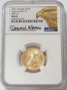 2021 WITH W T-2 NORRIS SIGNED UNFINISHED PROOF GOLD EAGLE $10 1/4oz NGC MS 69