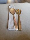 Vintage 60s Three Crowns Silversmiths Brass Copper Salad Serving Spoon And Fork